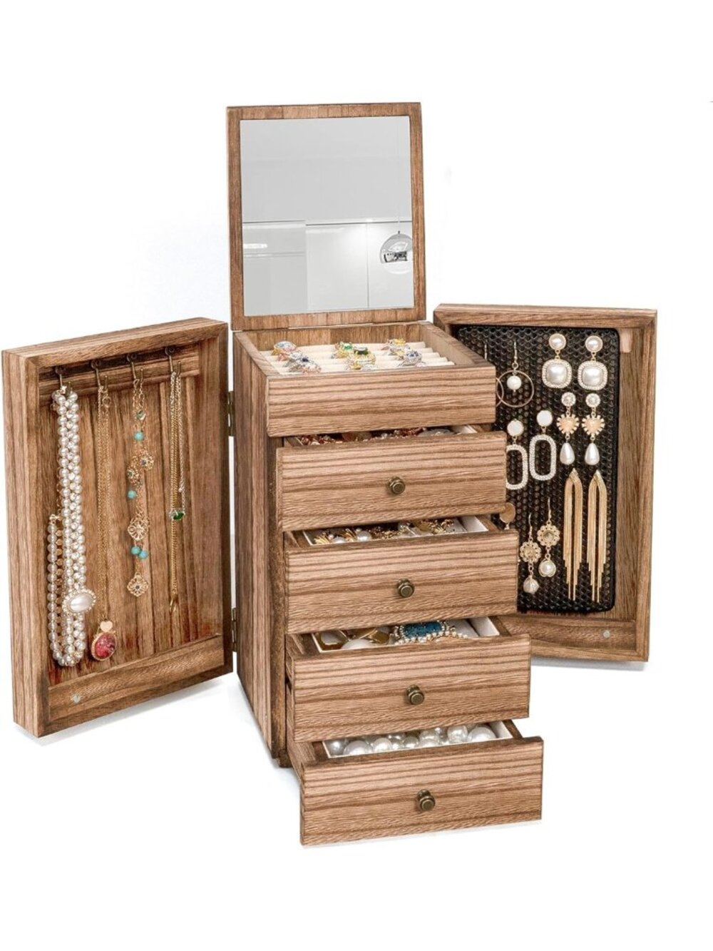 Vintage Wood Jewelry Box Organizer for Women - 5-Layer with Mirror & 4 Drawers